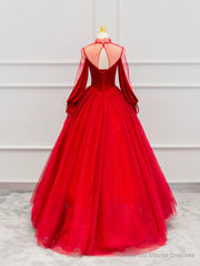 Red Velvet Tulle Floor Length Prom Dress, Beautiful Long Sleeve Evening Party Dress