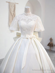 Beautiful Sweetheart Neck Satin Long Prom Dress with Detachable Lace Top, White Formal Wedding Dress