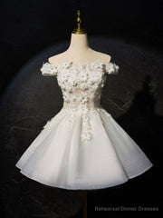 White Flowers Lace Short Prom Dress, Lovely A-Line Evening Party Dress