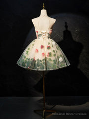 Champagne Scoop Neck Short Prom Dress with Flowers, Cute A-Line Party Dress