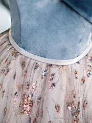 Blue Velvet and Tulle Long Prom Dress, Off Shoulder Evening Dress Party Dress