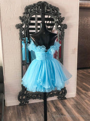 Lovely Blue Strapless A-Line Short Prom Dress, Organza Pleated Ruffle Tiered Homecoming Dress