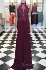 Maroon Hight Neck Lace Long Evening Prom Dress, Maroon Evening Dress