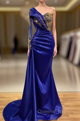 Mermaid Asymmetrical Sequined Floor-length Appliques Lace With Side Train Evening Prom Dress