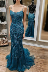 Mermaid Backless Dark Teal Lace Long Evening Prom Dress