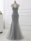 Mermaid Beading Formal Women Dresses Sexy Backless Gray Tassel Evening Dress