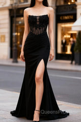 Mermaid Black Corset Strapless Long Evening Prom Dress with Slit