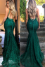 Mermaid Dark Green Classy Prom Dress, Lace Long Classy Prom Dress, Spaghetti Straps Backless Classy Prom Dress