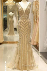 Mermaid Deep V-Neck Gold Beaded Evening Prom Dress