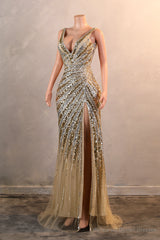 Mermaid Deep V Neck Golden Long Prom Dress with Silt