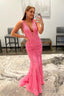 Mermaid Deep V Neck Pink Long Prom Dress with Appliques