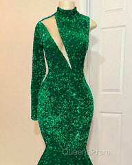 Mermaid Green Sequin Evening Prom Dress One Shoulder High Neck