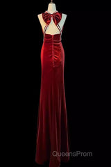 Mermaid Halter Burgundy Long Velvet Evening Prom Dress