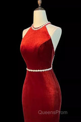 Mermaid Halter Burgundy Long Velvet Evening Prom Dress