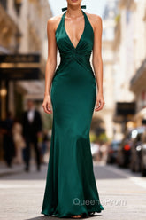 Mermaid Halter Dark Green Long Satin Evening Prom Dress