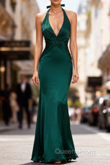 Mermaid Halter Dark Green Long Satin Evening Prom Dress