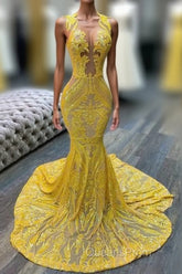 Mermaid Halter Floor-length Sleeveless Open Back Sequined Appliques Lace Evening Prom Dress