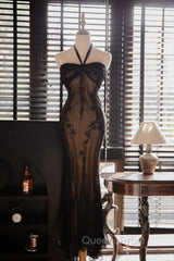 Mermaid Halter Neck Tulle Applique Long Evening Prom Dress