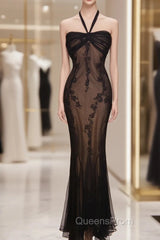 Mermaid Halter Neck Tulle Applique Long Evening Prom Dress