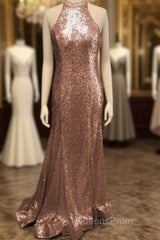 Mermaid Halter Rose Gold Evening Prom Dress