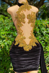 Mermaid High Neck Applique Lace Mini Sleeveless Backless Evening Prom Dress With Side Train