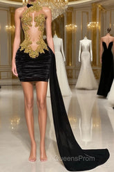 Mermaid High Neck Applique Lace Mini Sleeveless Backless Evening Prom Dress With Side Train