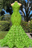 Mermaid High Neck Appliques Lace Sequined Open Back Floor-Length Sleeveless Prom Dress