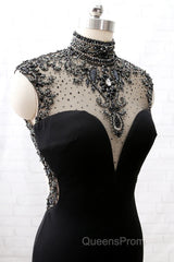 Mermaid High Neck Beaded Jersey Black Formal Evening Evening Prom Gown With Slit