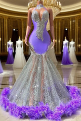 Mermaid High Neck Floor-length Sleeveless Open Back Appliques Lace Beaded Evening Prom Dress With Feather