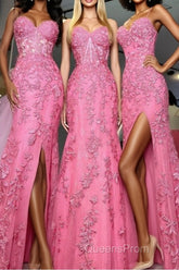 Mermaid Hot Pink Lace Long Evening Prom Dress, Long Hot Pink Formal Graduation Evening Dress
