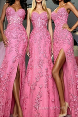 Mermaid Hot Pink Lace Long Evening Prom Dress, Long Hot Pink Formal Graduation Evening Dress
