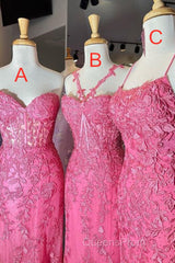 Mermaid Hot Pink Lace Long Evening Prom Dress, Long Hot Pink Formal Graduation Evening Dress