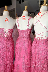 Mermaid Hot Pink Lace Long Evening Prom Dress, Long Hot Pink Formal Graduation Evening Dress