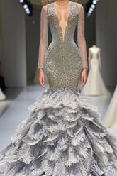 Mermaid Jewel Lace Sequined Open Back Floor-length Long Sleeve Lace Beading Evening Prom Dress With Feather