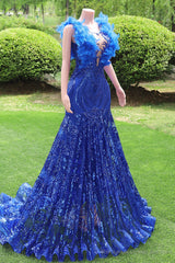 Mermaid Long Prom Dresses Sequin Royal Blue Evening Dresses Feather Sleeveless