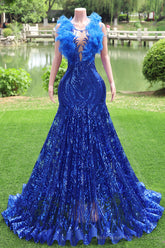 Mermaid Long Prom Dresses Sequin Royal Blue Evening Dresses Feather Sleeveless