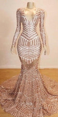 Mermaid Long Sleevess V-Neck Sequined Sweep Train Evening Prom Dress