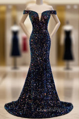 Mermaid Navy Blue Sequins Evening Dress With Off The Shoulder Top Evening Prom Dress Formal Dress