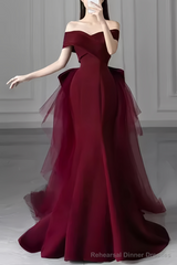 Mermaid Off Shoulder Evening Dress with Bow Burgundy Prom Dress