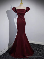 Mermaid off Shoulder Satin Burgundy Long Prom Dress, Burgundy Formal Dress