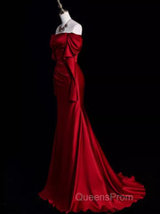 Mermaid Off The Shoulder Burgundy Long Satin Evening Prom Dress
