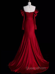 Mermaid Off The Shoulder Burgundy Long Satin Evening Prom Dress