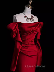 Mermaid Off The Shoulder Burgundy Long Satin Evening Prom Dress