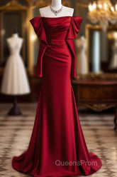 Mermaid Off The Shoulder Burgundy Long Satin Evening Prom Dress