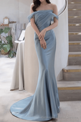 Mermaid Off The Shoulder Light Sky Blue Party Dresses Long Prom Dresses