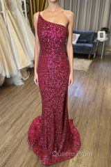 Mermaid One Shoulder Burgundy Sequins Long Evening Prom Dress with Split Front