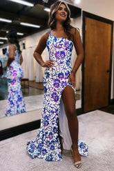 Mermaid One Shoulder Sequin Appliques Long Prom Dresses with Slit