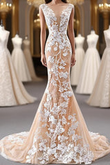 Mermaid Open Back Champagne Lace Long Evening Prom Dress, Champagne Lace Formal Dress, Champagne Evening Dress