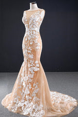Mermaid Open Back Champagne Lace Long Evening Prom Dress, Champagne Lace Formal Dress, Champagne Evening Dress
