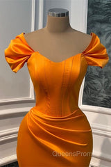 Mermaid Orange Satin Cap Sleeve Slit Dress